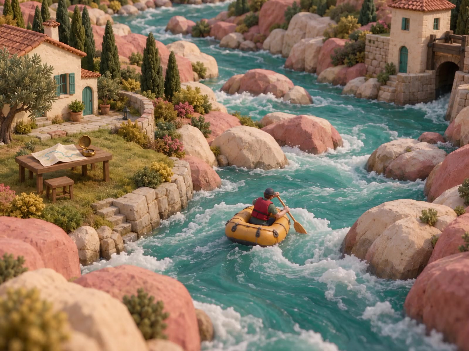 A clay navigator wearing a lifejacket guides a raft through rocks and whitewater—a metaphor for preparation, active decisions, and risk.