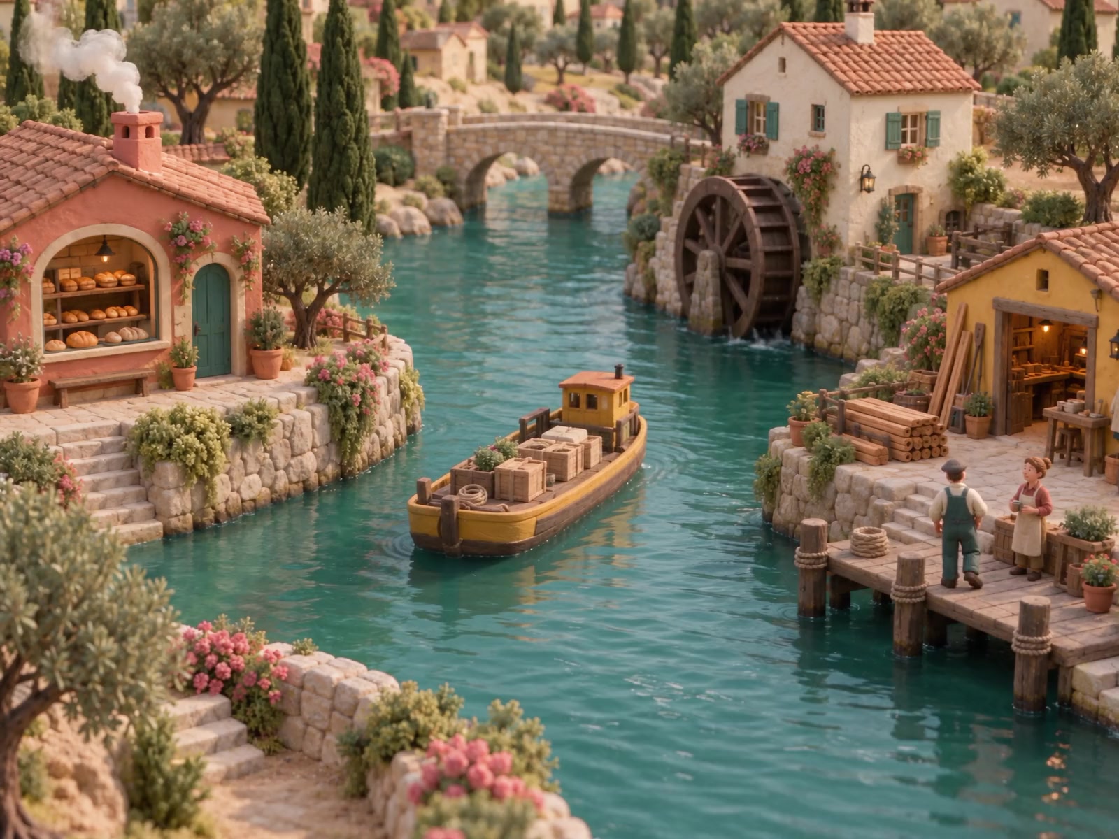 A cargo boat passes a clay village of working businesses and a watermill—a metaphor for understanding the businesses you own.