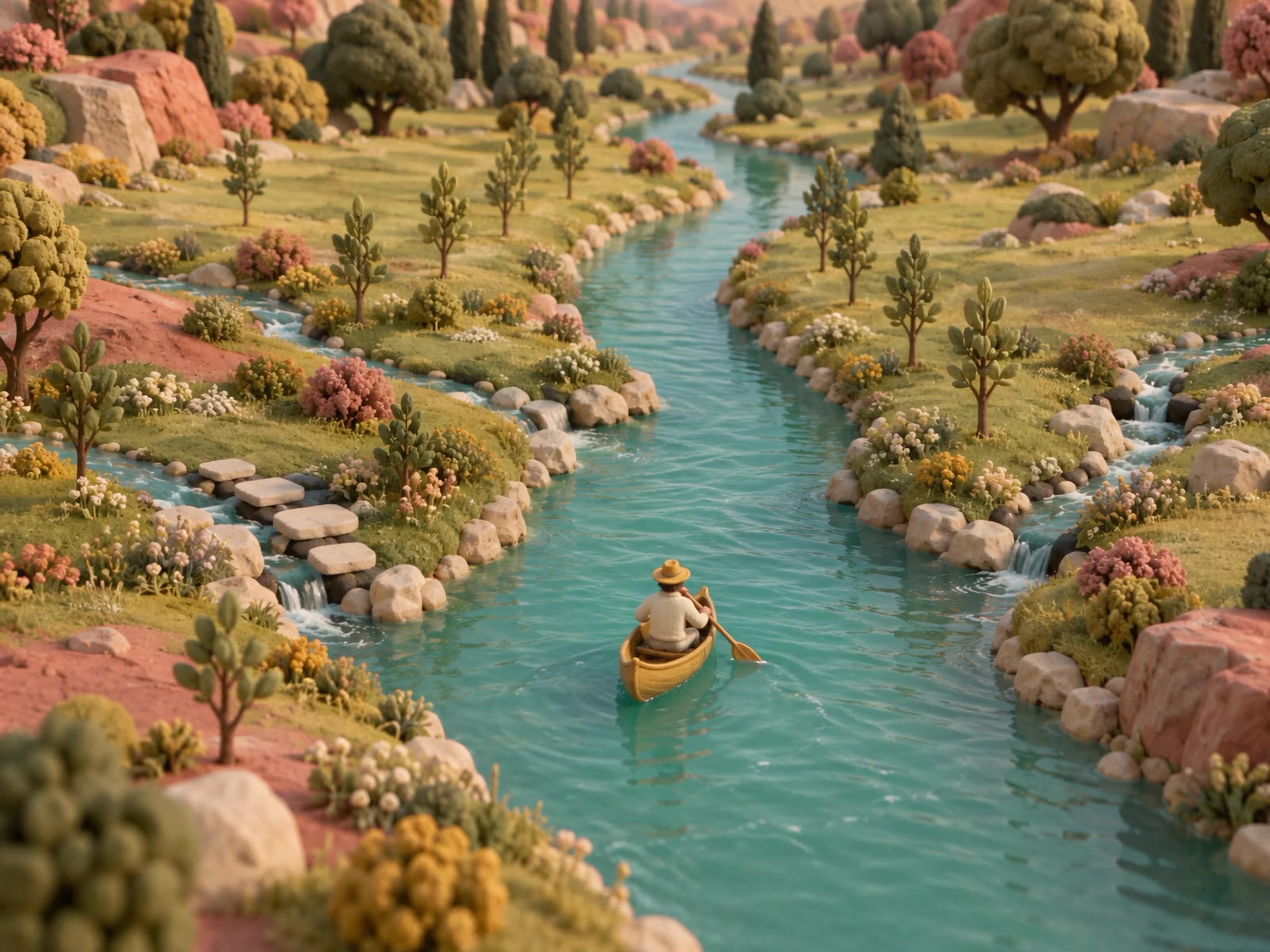 Small tributaries join a gentle clay stream, carrying a golden canoe past trees at different stages of growth—a metaphor for patient investing habits.