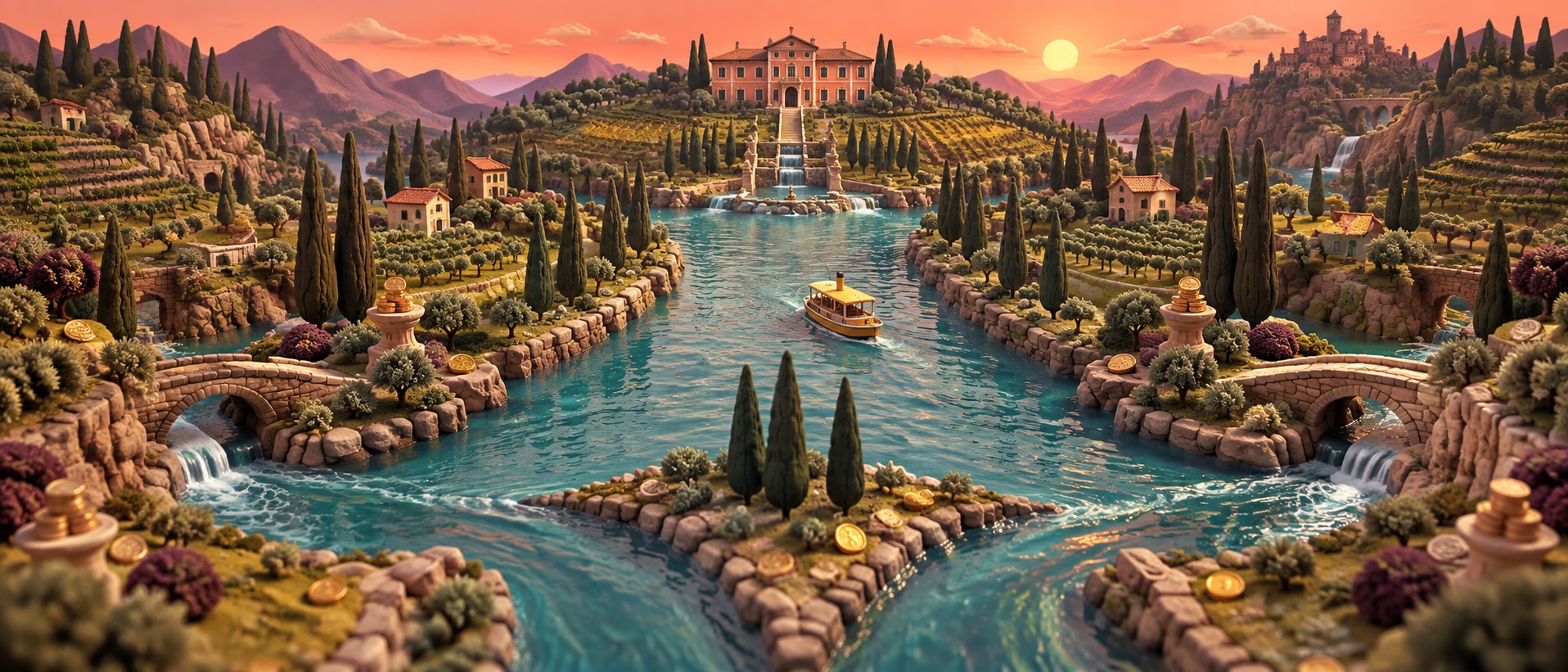 A cinematic miniature clay landscape with three rivers, cypress trees, a salmon-colored manor, and a tiny yellow riverboat.