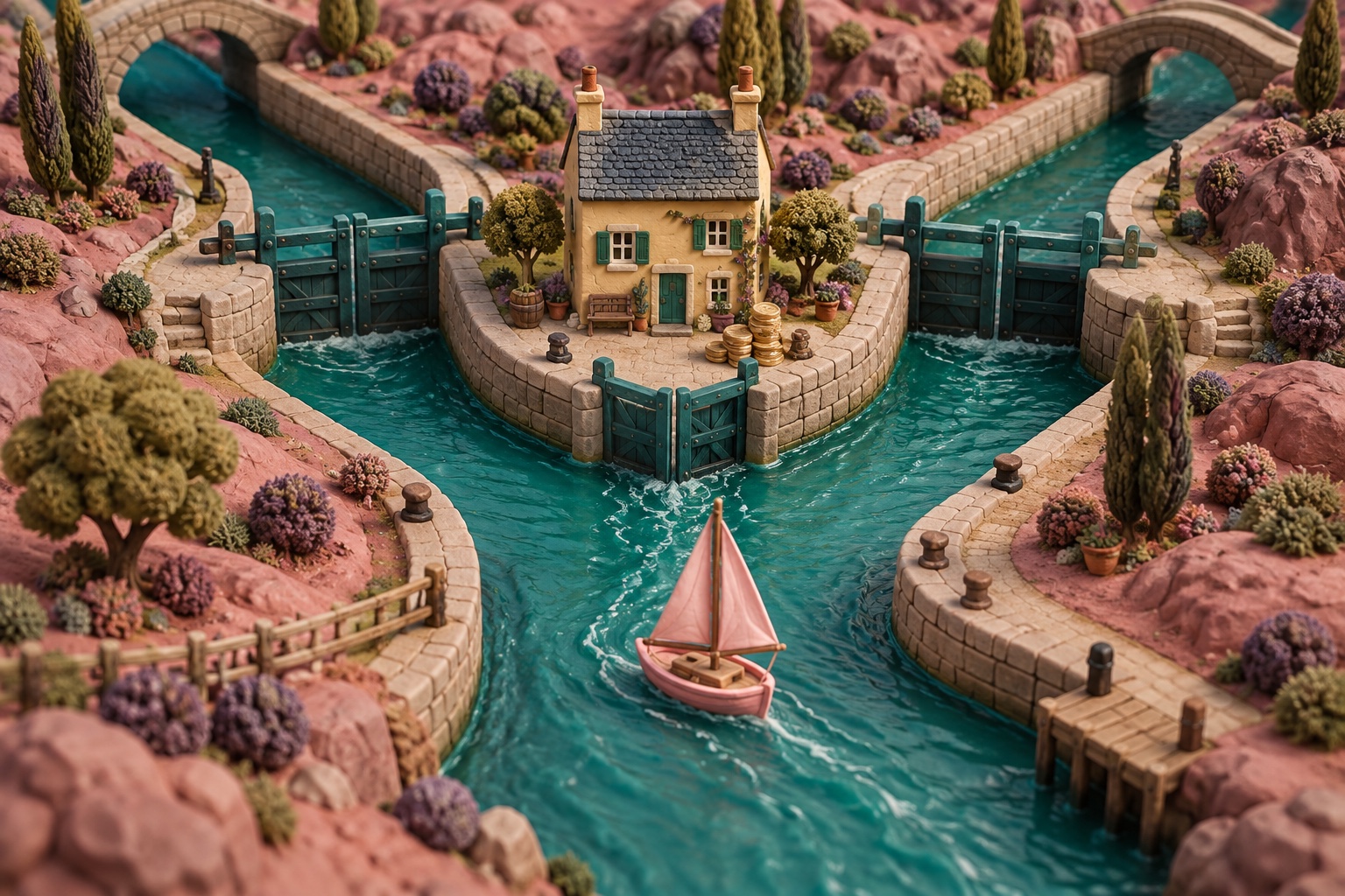 A miniature clay river lockhouse with three teal waterways and a small pink sailboat.